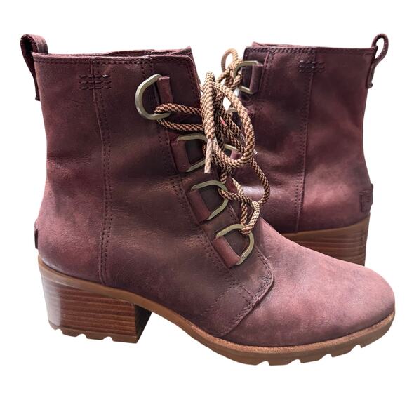 Sorel Cate Leather Lace Up Waterproof Maroon Redwood Boots Size 8.5 - Picture 1 of 12